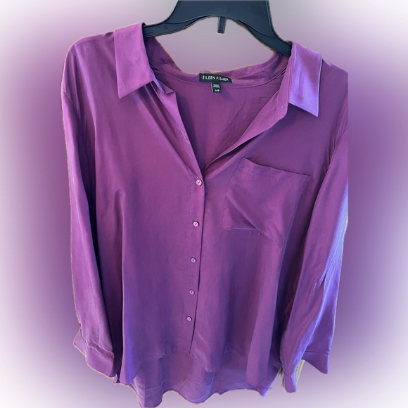 Eileen Fisher Women's Violet Silk Button Down Shirt - Picture 2 of 10